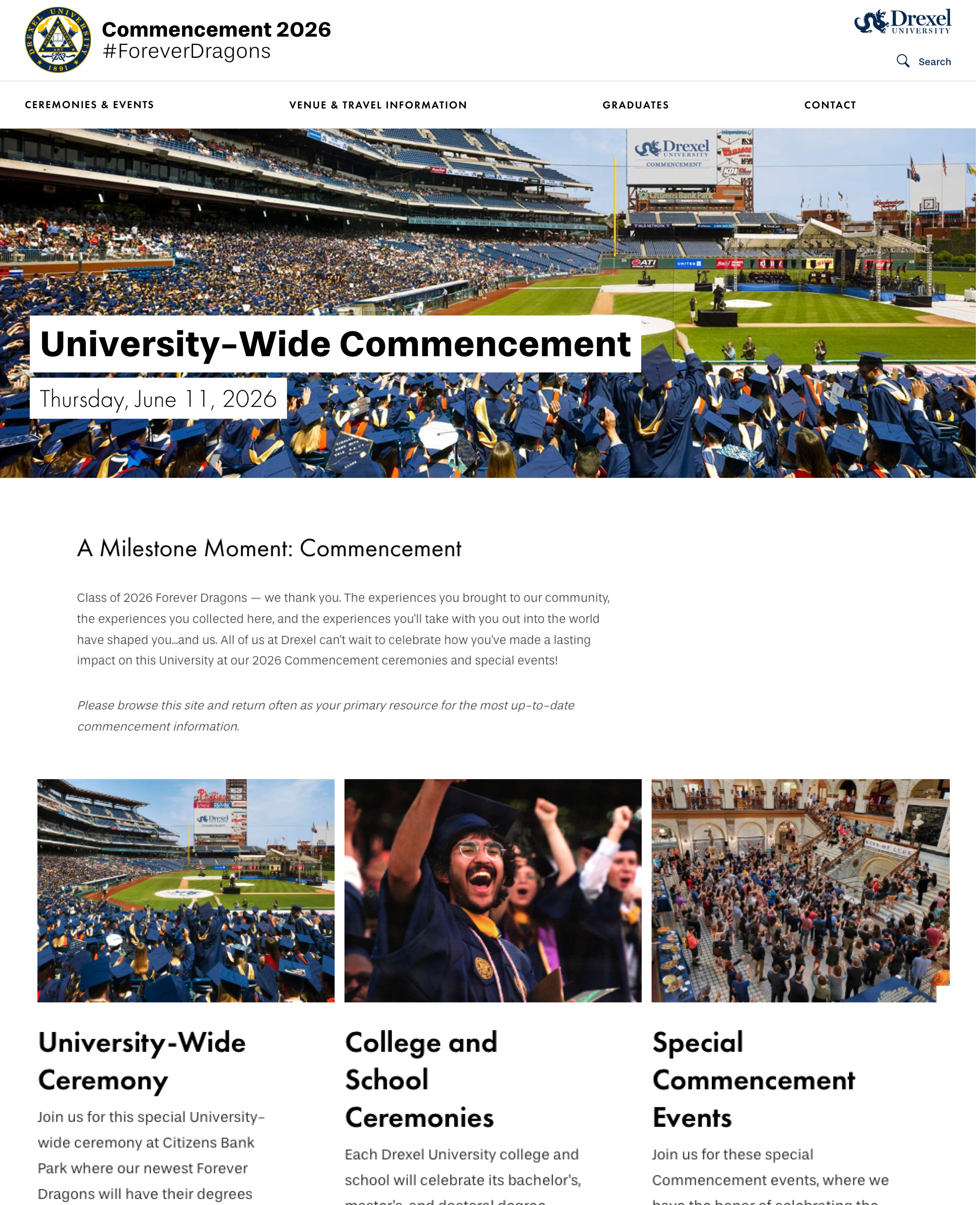 Drexel commencement homepage — existing site