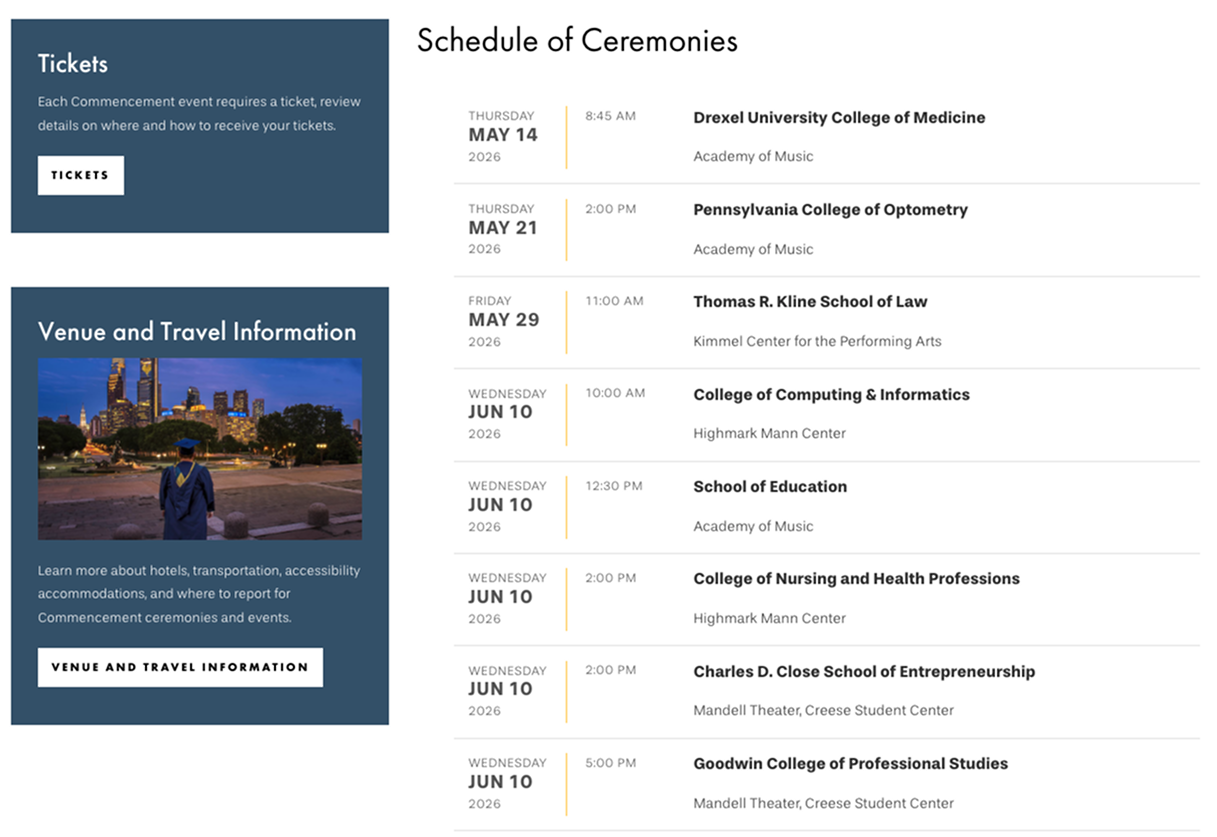 Schedule of ceremonies and tickets sidebar