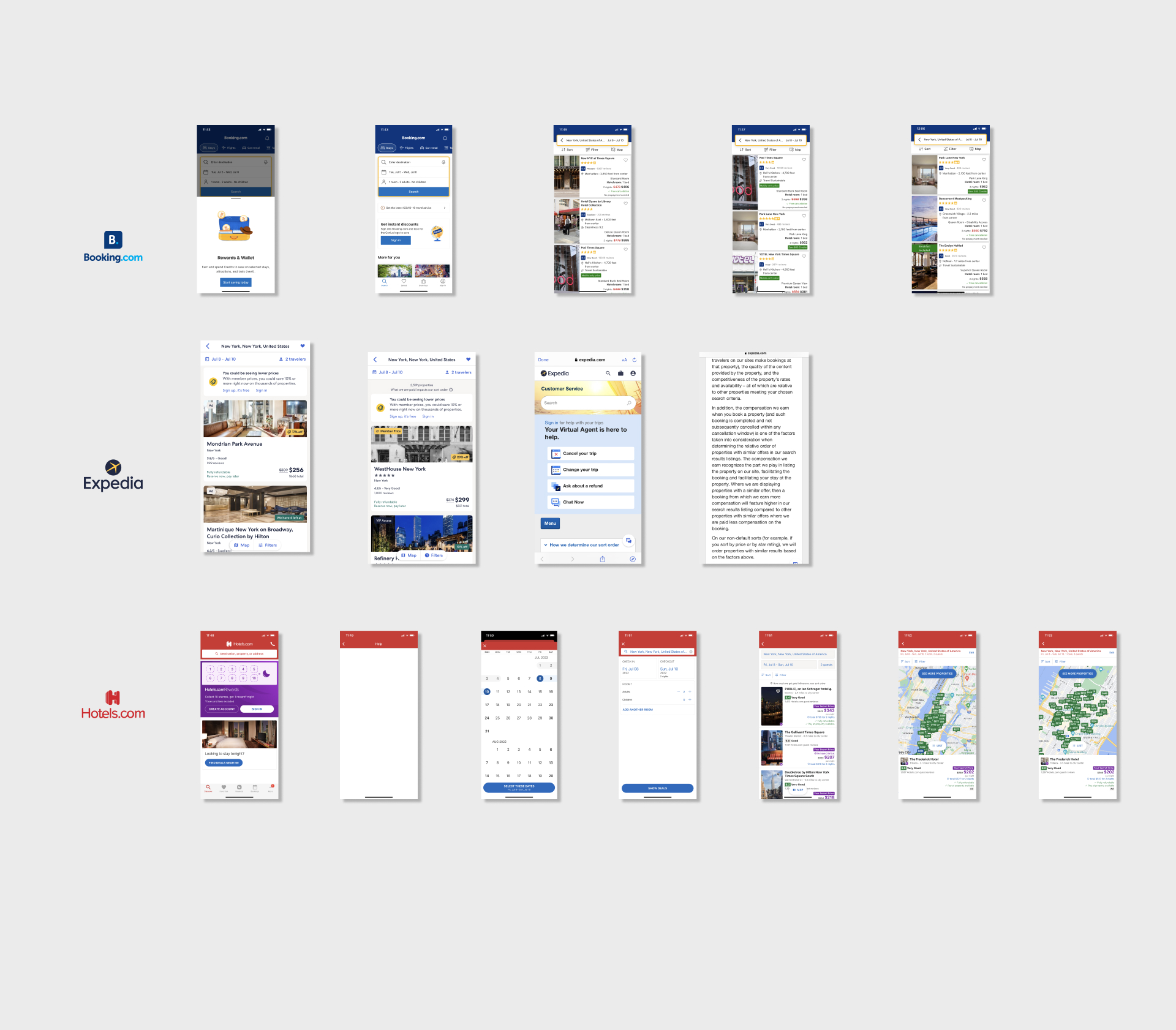 Competitive benchmarking screenshots — Booking.com, Expedia, Hotels.com