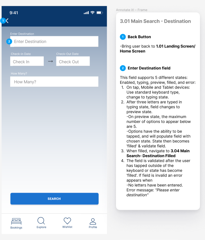 StayEasy destination search screen with annotations