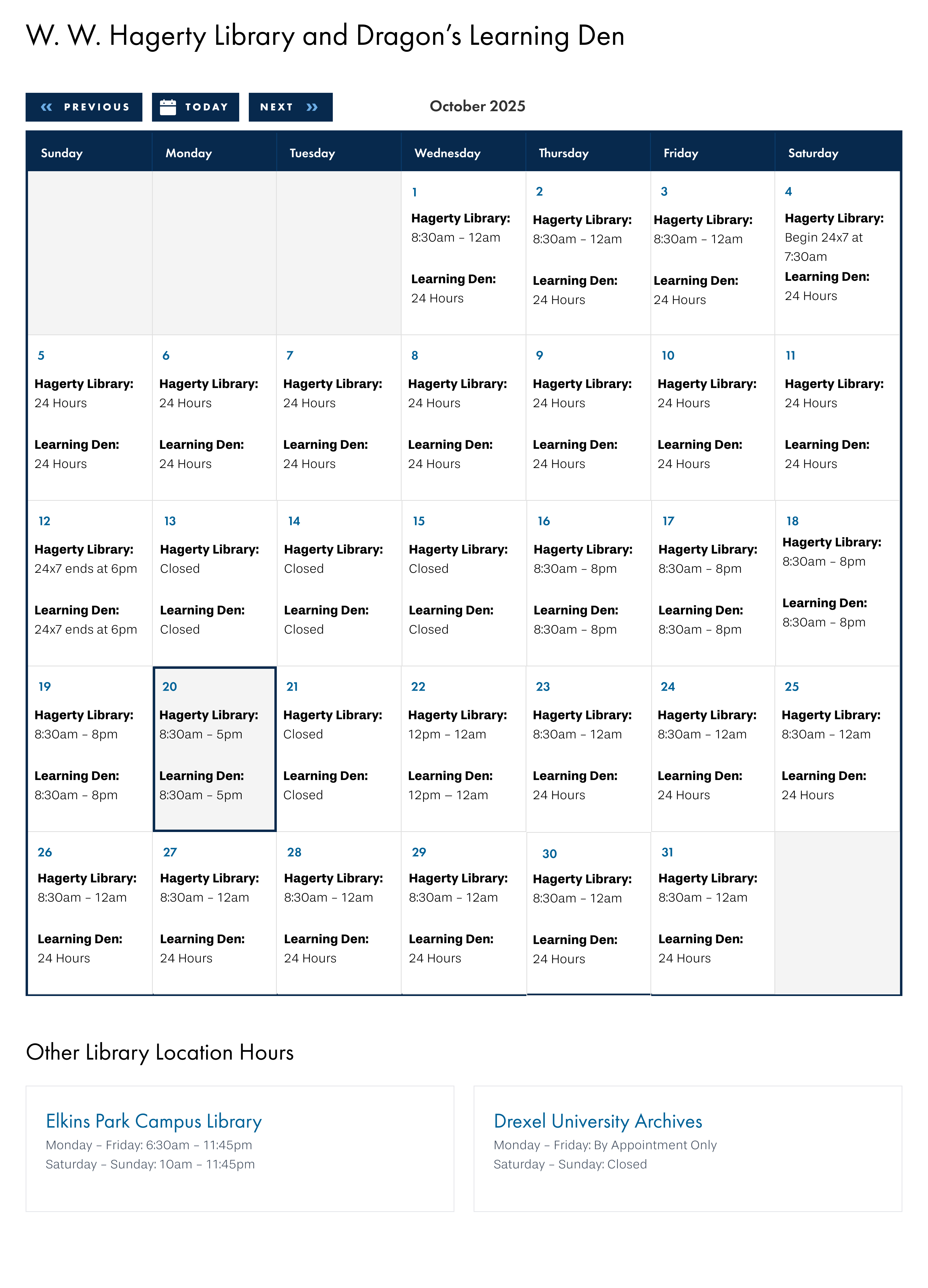 Library hours component — desktop view