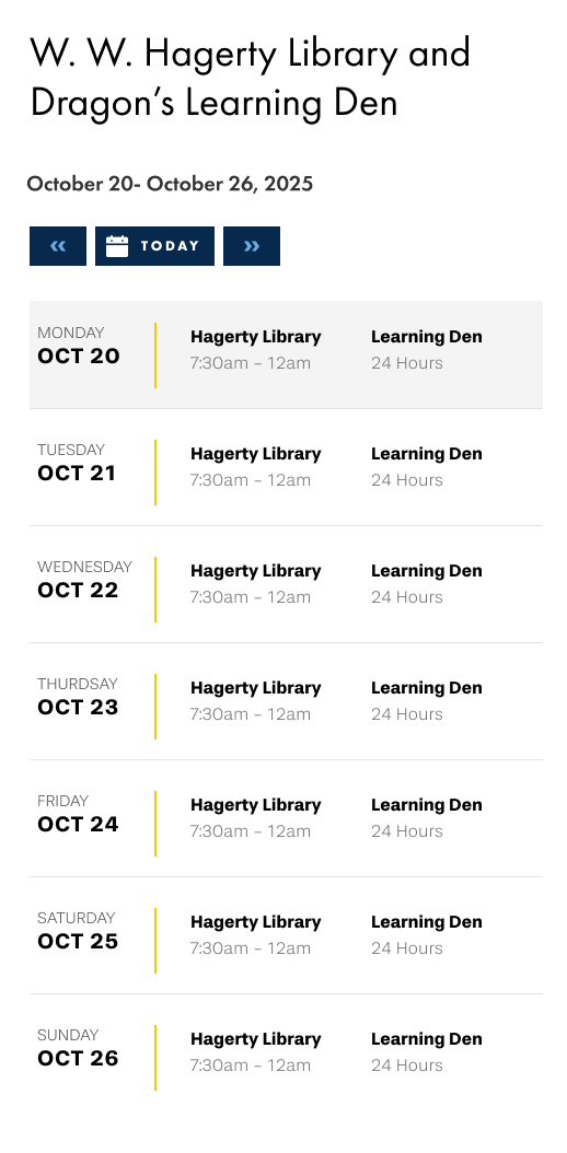 Library hours component — mobile view