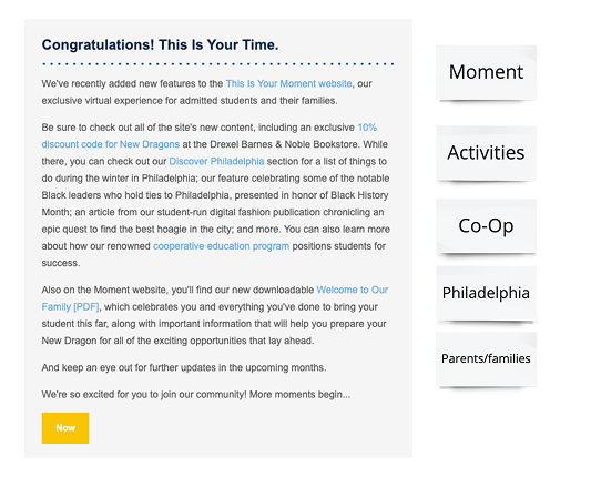 Drexel enrollment email promoting the This Is Your Moment website, with quick-access buttons to Moment, Activities, Co-Op, Philadelphia, and Parents/Families subpages.